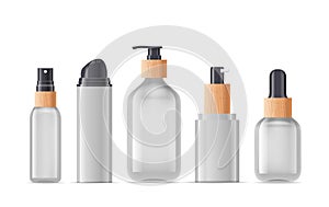 Cosmetics Bottles Stand in Row. Realistic 3d Vector Mockup. Stylish Containers Designed To Hold Beauty Products