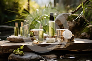 Cosmetics bottles on stone in the garden. Natural beauty products, An eco-friendly cosmetics line that embodies nature\'s