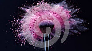 Cosmetics brush and explosion colorful makeup powder black background
