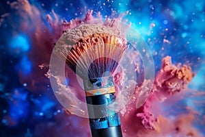 Cosmetics brush and explosion colorful makeup powder, Generative AI