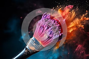 Cosmetics brush and explosion colorful makeup powder, Generative AI