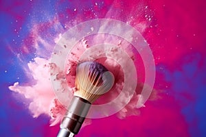 Cosmetics brush and explosion colorful makeup powder, Generative AI