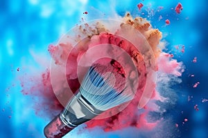 Cosmetics brush and explosion colorful makeup powder, Generative AI