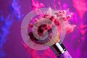 Cosmetics brush and explosion colorful makeup powder, Generative AI