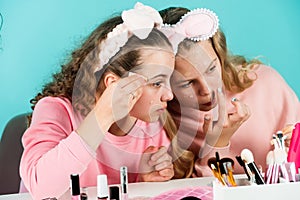 Cosmetics for children. Cosmetics shop. Sisterhood happiness. Kids makeup. Skin care concept. Young skin care. Best