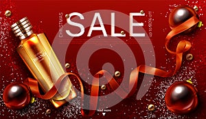 Cosmetics christmas sale banner, beauty product