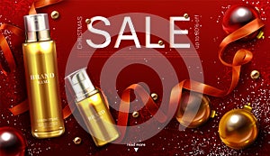 Cosmetics christmas sale banner, beauty product