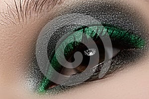 Cosmetics, close-up eye make-up. Fashion shiny green mint eyeshadow