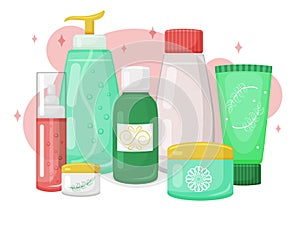Cosmetics, cream, gel and liquids. Vector illustration.