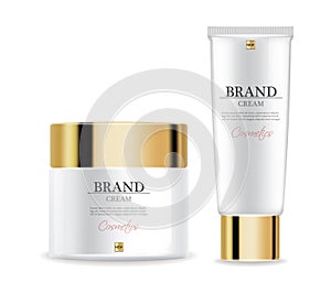 Cosmetics cream moisturizer isolated Vector realistic. Product packaging mockup. Detailed white bottles with label