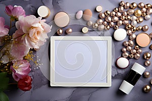 Cosmetics encircle a tablet with a pristine white screen, beauty tech