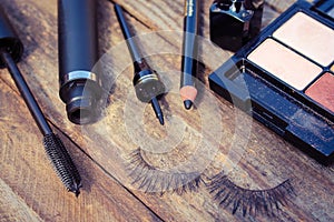 Cosmetics for eyes: pencil, mascara, eyeliner, false eyelashes