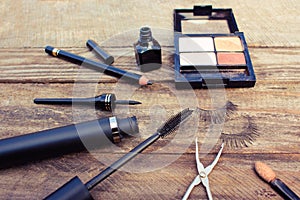 Cosmetics for eyes: pencil, mascara, eyeliner, false eyelashes and eyeshadow