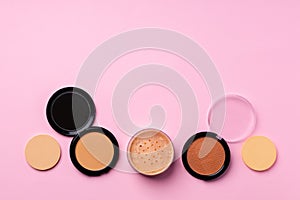 Cosmetics for face complexion on pink background