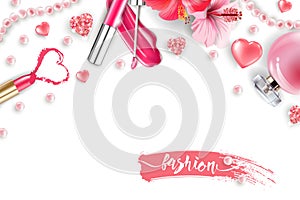 Cosmetics and fashion background with make up artist objects: lip gloss, perfume,pink pearl beads, sparkling hearts