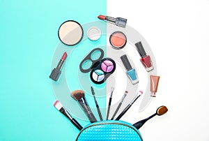 Cosmetics and fashion background with make up artist objects: lipstick, eye shadows, mascara ,eyeliner, concealer, nail polish. b