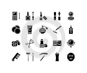 Cosmetics flat line icon set. Contains such signs as cream, lipstick, perfume, mascara, makeup Brush and more. Simple