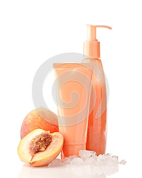 Cosmetics with ice and peach fuit