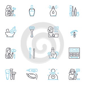 Cosmetics industry linear icons set. makeup, skincare, beauty, fragrance, haircare, nailcare, bodycare line vector and