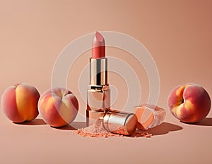 Cosmetics: lipstick in the color peach fuzz.