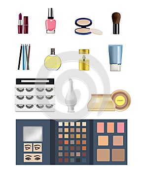 Cosmetics: lipstick, lip gloss, shadows and mascara, perfume, cream.