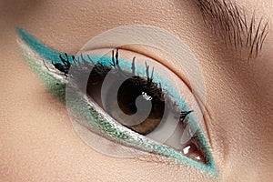 Cosmetics, macro eye make-up. Fashion mint shadows