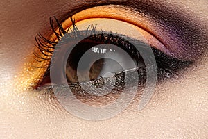 Cosmetics. Macro fashion eye make-up, bright oriental style with eyeliner