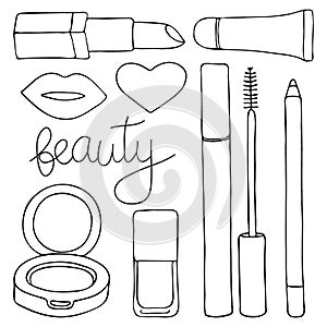 Cosmetics or make up set. Hand-drawn cartoon collection of cosmetic products - lip gloss, lipstick, mascara, pencil
