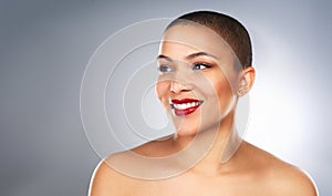 Cosmetics, makeup and black woman in studio, smile and natural beauty, glow and shine of face and aesthetic. Happiness