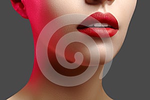 Cosmetics, makeup. Bright lipstick on lips. Closeup of beautiful female mouth with red lip makeup. Clean skin model