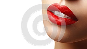 Cosmetics, makeup. Bright lipstick on lips. Closeup of beautiful female mouth with red and pink lip makeup. Part of face