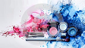 Cosmetics: makeup eyeshadows palette and brushes on a white background with blue and pink watercolor splashes. Copy space