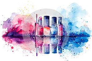 Cosmetics and makeup: lipsticks and nail polishes on a white background with blue and pink watercolor splashes. Copy space