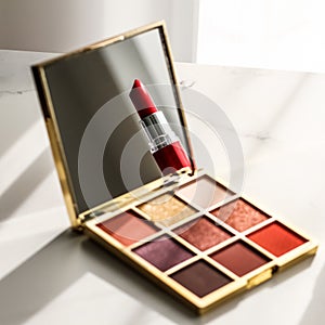 Cosmetics, makeup products set on marble vanity table, lipstick, eyeshadows and make-up brush for luxury beauty and fashion brand