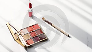 Cosmetics, makeup products set on marble vanity table, lipstick, eyeshadows and make-up brush for luxury beauty and fashion brand