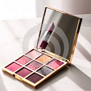 Cosmetics, makeup products set on marble vanity table, lipstick, eyeshadows and make-up brush for luxury beauty and fashion brand