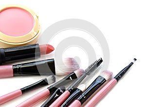 Cosmetics and makeup. Tools for Professional make a top view. On a white background.