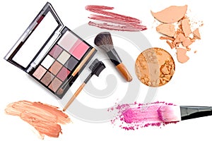 Cosmetics and makeup. Tools for Professional make a top view. On a white background.