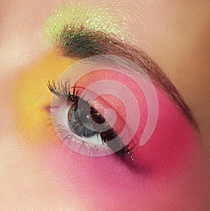 Cosmetics. Mascara. Woman's Eye with Colorful Makeup