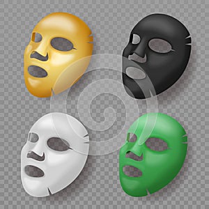 Cosmetics mask. Realistic different colors facial cotton face masks, beauty spa procedures, woman skin care product, gold and coal