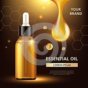 Cosmetics oil poster. Golden transparent drops of oil extract for woman cream or liquid cosmetic q10 collagen vector
