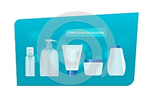 Cosmetics package collection. Realistic set of liquid soap, cream, perfume.