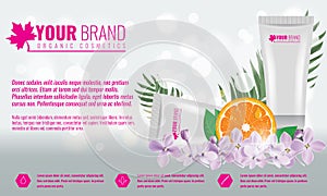 Cosmetics product ads poster template. Cosmetic beauty mockup. Cream tube package with flowers and palm leaf. Vector