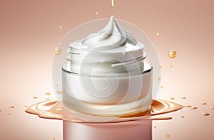 cosmetics product advertising mockup. unbranded cream can, droplets of water on colorful background