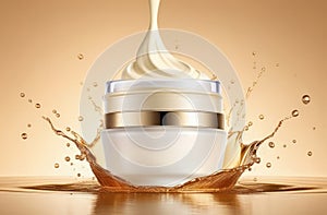 cosmetics product advertising mockup. unbranded cream can, splashes of water on colorful background