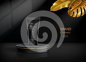 Cosmetics products on black podium in luxury black background with golden glitter leaves.