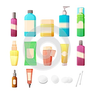 Cosmetics Set in flat style. Bottles of cosmetics and accessories for skin care. Lotions, creams, tonics and pads for