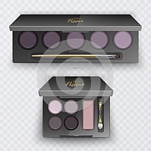 Cosmetics set, realistic Eye shadow, lip gloss and powder blush collection. Product placement Vector format