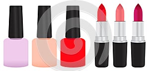 Cosmetics set vector drawing on isolated white background including lipstick manicure nail polish