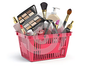 Cosmetics in shopping basket isolated on white. Beauty and make up products sale and purchasing online concept